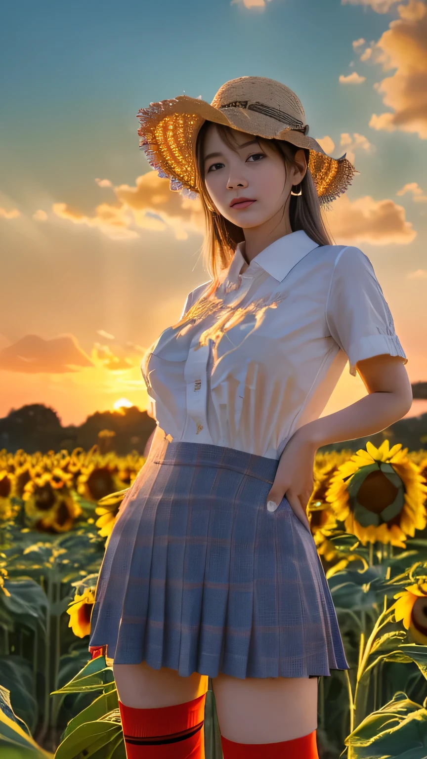 (Very detailed CG Unity 16K Wallpaper:1.1), (Noise reduction strength: 1.45), (T-Masterpiece:1.37), ((In the sunflower field,Straw hat girl Ackright),(White shirt,Red checked ribbon,Red checked mini skirt、Dark blue high socks,Absolute area),(Best lighting, Best Shadow, Very delicate and beautiful), The girl in the center of the picture, Small breasts, ((Sunflowers with ultimate detail)), Beautifully detailed skies, Very delicate and beautiful女の子, Sunflower fields at sunset, sunset, Beautifully detailed clouds, (((the Extremely Detailed CG Unity 8K Wallpapers))), ultra-, God's Rays, Spark of Light, Shining Light, (((masterpiece))), (((Full body photo,Are standing))), (Beautiful Japanese Girl, Innocence,cute) ,ultra-high resolution, Realistic, ultra-detailed, 8K,Highest quality, Very detailed, Detailed Background,slender,Very Beautiful Japanese Girl, Detailed face:1.3), (Hair tied up in a bun,Black-haired :1.4), (Baby Face,Cute,Adorable 10 year old girl), (Perfect body:1.1), Cute and innocent smile,show me your beautiful teeth,Sexy pose,Rosy Cheeks,Very detailed face、Detailed lips、Detailed eyetite gravure idol,Clear SkiLolita,Japanese Height ,Realistic:1.37,No makeup,Neutral lighting,