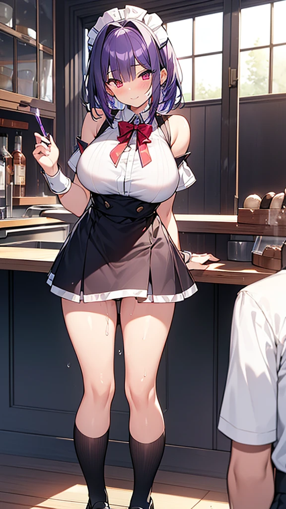 最high quality, high quality, Super detailed, 32k, Ultra-detailed details, waitress(only, Standing, pretty girl, beautiful purple hair, short hair, Beautiful RED eyes, mature, Big Breasts, A light smile, Off-the-shoulder sleeveless Summer メイド服, Summer casual maid clothes, Short skirt, Blue and white color striped underwear, Black knee socks, loafers, My crotch is wet with love juice, 18-year-old,cute), {{A succubus disguised as a waitress approached the target man&#39;s sister, peeled off the skin of the sister&#39;s face, and stuck it on her own face, becoming the waitress succubus&#39;s face., The hem of her skirt is lifted high, exposing her underwear}}, She has transformed from a shy maid into a lewd one., A maid with her sister&#39;s face stuck on her face is vigorously pistoning her body, A maid who moves her body vigorously without caring if her breasts bounce, Super detailed, indoor, Full body image, ((Head to Toe:1.3)), NSFW