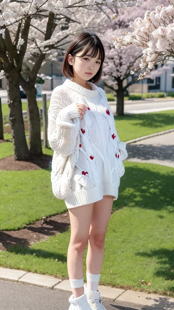 Standing under a cherry tree, Japanese Girls, 15 years old, a bit, cute, (White oversized knit sweater:1.3), it&#39;s snowing, The pupils shine, Brown short hair, depth odebt debtield, debt/1.8, Anatomically correct, Textured skin, Super detailed, Attention to detail, high quality, Super detailed, Attention to detail, high quality, 最high quality, High resolution