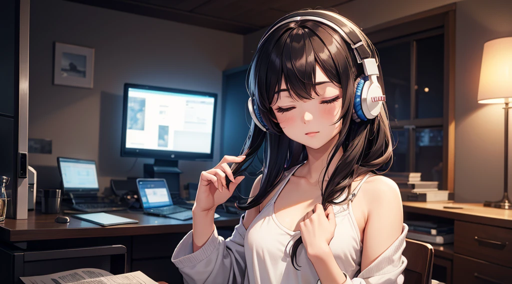 Girl with headphones enjoying music in a home　I am studying　Emphasize a little bit of the big chest　Looking towards me with eyes closed　Night Background