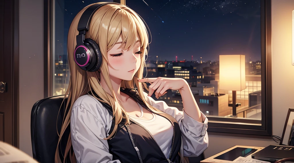 Girl with headphones enjoying music in a home I am studying Emphasize a little bit of the big chest Looking towards me with eyes closed Night Background