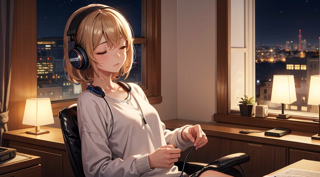 Girl with headphones enjoying music in a home　I am studying　Emphasize a little bit of the big chest　Looking towards me with eyes closed　Night Background