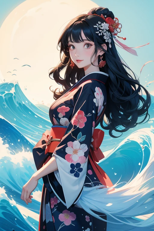 (Highest quality、masterpiece、High resolution、8K)、Ukiyo-e、Vibrant colors、Katsushika Hokusai、1 female、Long Black Hair、The kimono has a vivid floral pattern on a white background.、White waves and Mt. Fuji、Reddish Fuji、White waves, the moon and a woman、White waves, a boat and a woman、White waves, a woman and a seagull、Official Art、背景はUkiyo-e風