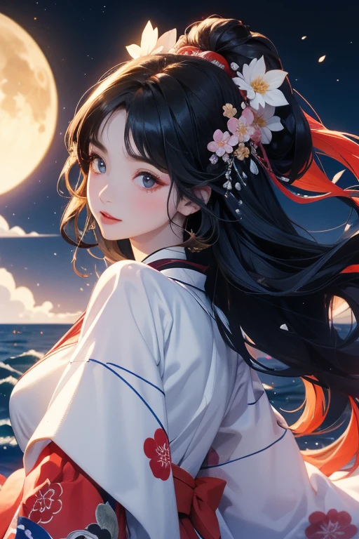 (Highest quality、masterpiece、High resolution、8K)、Ukiyo-e、Vibrant colors、Katsushika Hokusai、1 female、Long Black Hair、The kimono has a vivid floral pattern on a white background.、White waves and Mt. Fuji、Reddish Fuji、White waves, the moon and a woman、White waves, a boat and a woman、White waves, a woman and a seagull、Official Art、背景はUkiyo-e風