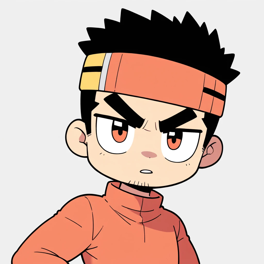 anime characters：Gyee, Muscle Sports Student, Manliness, sports headband, male focus, Cute boy with big eyes, Brown high collar long sleeve tight T-shirt, Slightly transparent material, Very tight, Round, full and perky chest muscles, Slightly transparent, muscular male, muscular, only, Upper body, alone, Black short hair, Thick eyebrows, stubble, Cute little eyes, Brown-red pupils, Grey background, simple background, amazing quality, best aesthetics, Ridiculous, crew cut, parted lips, v-shaped eyebrows, jitome, drop shadow, best quality