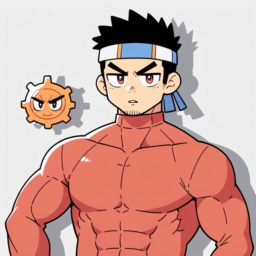 anime characters:Gyee, Muscle Sports Student, Manliness, sports headband, male focus, Cute boy with big eyes, Brown high collar long sleeve tight T-shirt, Slightly transparent material, Very tight, Round, full and perky chest muscles, Slightly transparent, muscular male, muscular, only, Upper body, alone, Black short hair, Thick eyebrows, stubble, Cute little eyes, Brown-red pupils, Grey background, simple background, amazing quality, best aesthetics, Ridiculous, crew cut, parted lips, v-shaped eyebrows, jitome, drop shadow, best quality