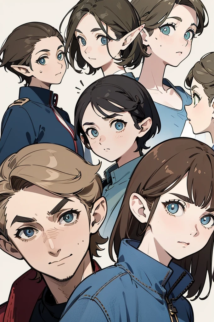 (Tomboy guy), skinny,(no breasts),(full height), (burgundy shirt), black tie, (jeans), (lots of jewelry), (lots of details),black sneakers, ((character concept art)), ((Several poses and facial expressions)), A list of characters, (character drawing, obverse, reverse, side, the same character) In the background are depicted: (same face: 1.1), (brown hair), (very short pixie haircut), (shaggy hair), (brown neat eyebrows), (big blue eyes),(large black eyelashes) (smooth Greek nose), (High quality), (super detail), (beautiful eyes in detail), ((cute style)), Clean and tidy face, five fingers, perfect anatomy,palette on the background,character colors on the background.