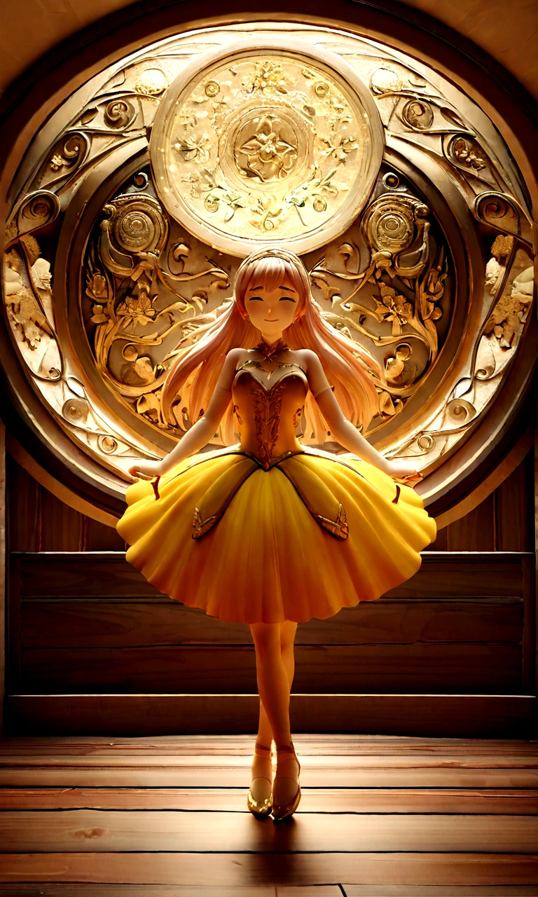 1Little girl sitting on the wooden floor，Sweaty face，Wear ballet costumes，Dance shoes，Happy expression，For the audience，Long straight hair；Composition：The character is on the right，The background is a gradient of golden velvet；3DAnimation海报，皮克斯3DAnimation风格，Pixar Renderman Rendering，Maya 8K，Animation，disney pixar 3d style，indoor，迪士尼皮克斯Animation海报；The content is simple，Simple style。A poster，banner；