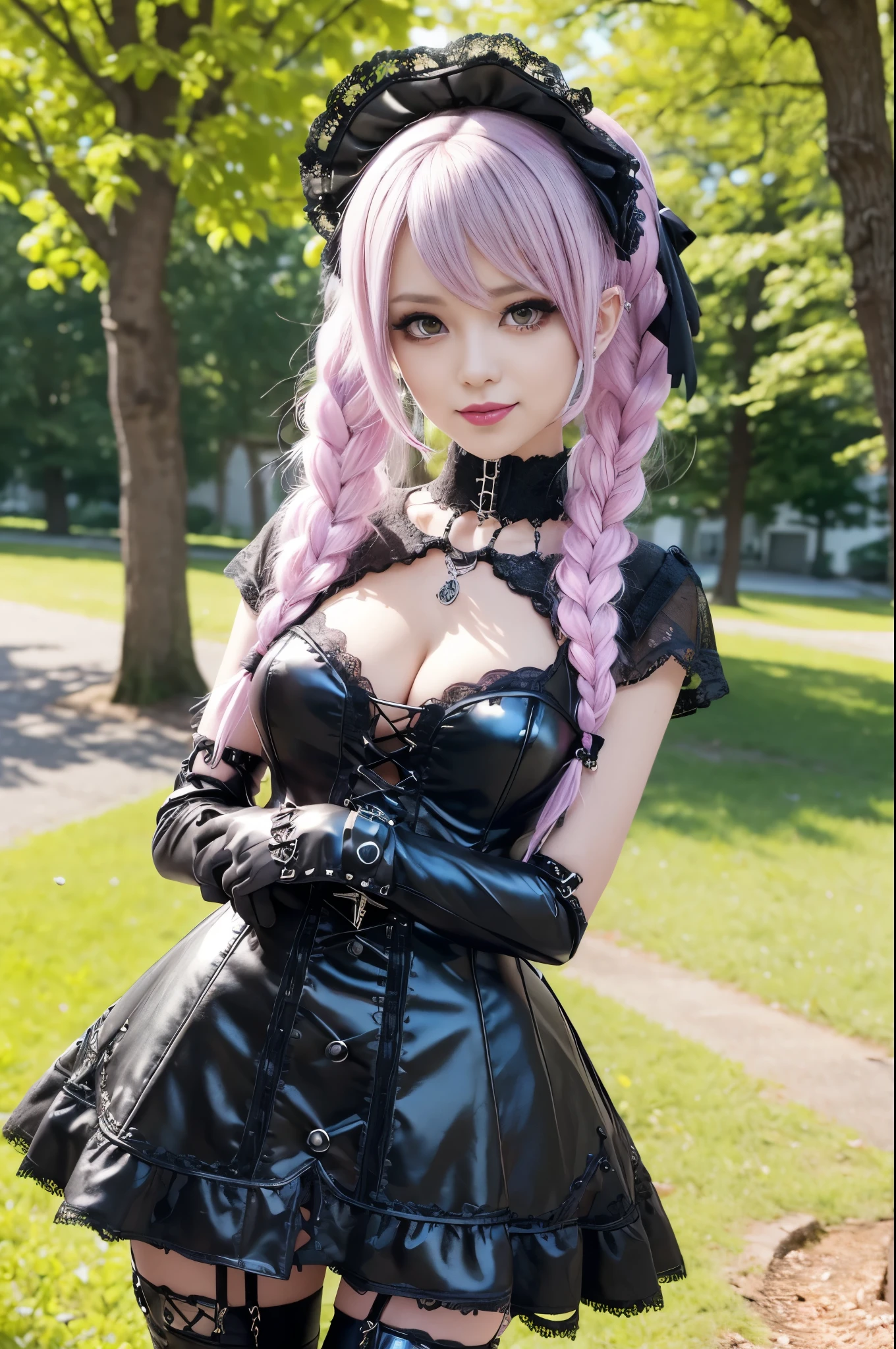 sexy stylish female model, only 1 female, ((doll-like appearance)), long stylish hair, ((shiny Punk-Style boots)), (happy smile), ultra detailed eyes, long lashes, metallic makeup, lip-gloss, ((sexy Punk ta cosplay)), unconventional skirt, petticoats, high neckline, ((ultra detailed lace)), ((ultra detailed embroidery)), intricate details, tartan patterns, safety pins, Punk Loliccessoires, short black gloves, Punk Lolita cr, ((large sparkling Punk Lolita jewel, cinematic light, detailed sunny large park background with trees