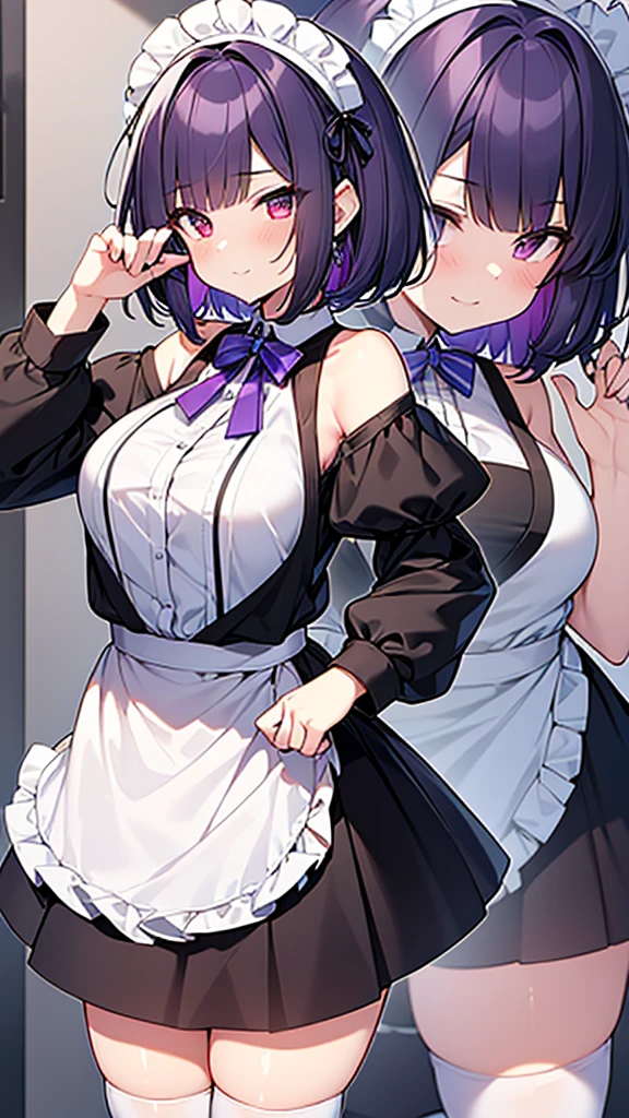 最high quality, high quality, Super detailed, 32k, Ultra-detailed details, , {{The succubus maid has the face of my sister}}, (only, Standing, pretty girl, beautiful purple hair, short hair, Beautiful RED eyes, mature, Big Breasts, A light smile, Off-the-shoulder sleeveless Summer cute maid outfit, Summer casual maid clothes, Short skirt, Blue and white color striped underwear, Black knee socks, loafers, She's holding 大きく up her skirt with both hands to show her underwear, 18-year-old,cute), A maid who moves her body vigorously without caring if her breasts bounce, Super detailed, indoor, maid Cafe, Full body image, ((Head to Toe:1.3)), NSFW