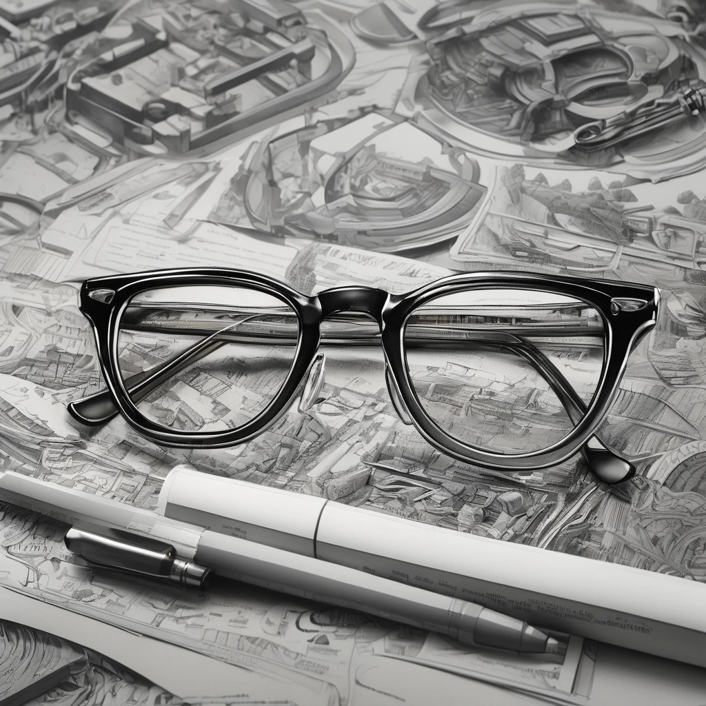 (detailed drawing) Advertising signs, eyeglass frames, gray tones, graphics, design work, logos