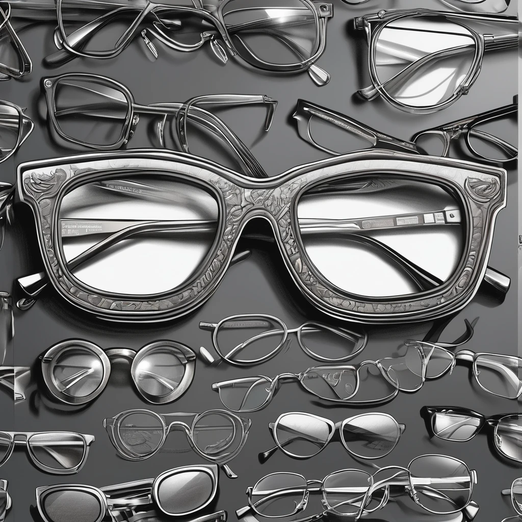 (detailed drawing) Advertising signs, eyeglass frames, gray tones, graphics, design work, logos