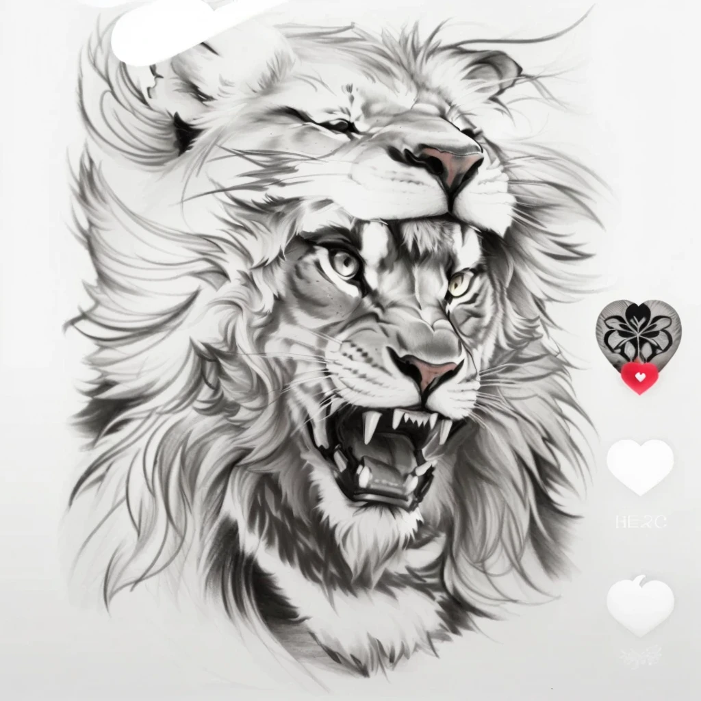 Close-up of a drawing of a lion with a heart, High-quality sketch art, 2D lion in full growth, Half-lev, lion&#39;s head, realistic tattoo drawing, realism Tattoo sketch, third lion&#39;s head, 3D design for tattoo, Tattoo sketch, Tattoo sketch, High-quality sketch, Realistic tattoo design, The body of a lion, Wild Pencil Style, airbrush illustration