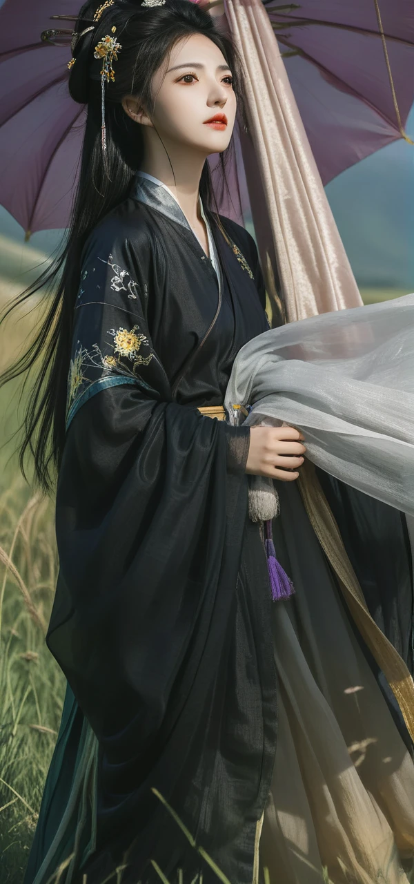 best quality,High definition portrait photography, looking at viewer,a female figure dressed in a traditional hanfu, summer,ruins,((messy hair)),(grassland),(yellow eyes),incredibly absurdres,(gold hair),floating hair,Large number of environments,the medieval ,grace,prospect,water eyes,wind,breeze,god ray,lawn,Mountains and lakes in the distance,The sun shines through the trees,A vast expanse of grassland,Beautiful face, beautiful eyes,