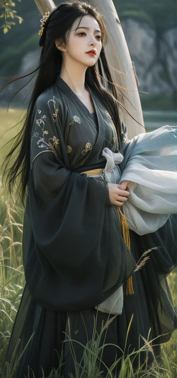 best quality,High definition portrait photography, looking at viewer,a female figure dressed in a traditional hanfu, summer,ruins,((messy hair)),(grassland),(yellow eyes),incredibly absurdres,(gold hair),floating hair,Large number of environments,the medieval ,grace,prospect,water eyes,wind,breeze,god ray,lawn,Mountains and lakes in the distance,The sun shines through the trees,A vast expanse of grassland,Beautiful face, beautiful eyes,