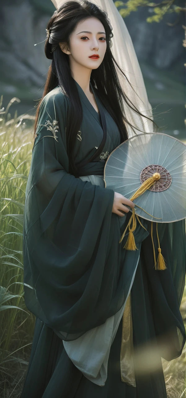 best quality,High definition portrait photography， looking at viewer,a  female figure dressed in a traditional hanfu, summer,ruins,((messy hair)),(grassland),(yellow eyes),incredibly absurdres,(gold hair),floating hair,Large number of environments,the medieval ,grace,prospect,water eyes,wind,breeze,god ray,lawn,Mountains and lakes in the distance,The sun shines through the trees,A vast expanse of grassland,Beautiful face, beautiful eyes,