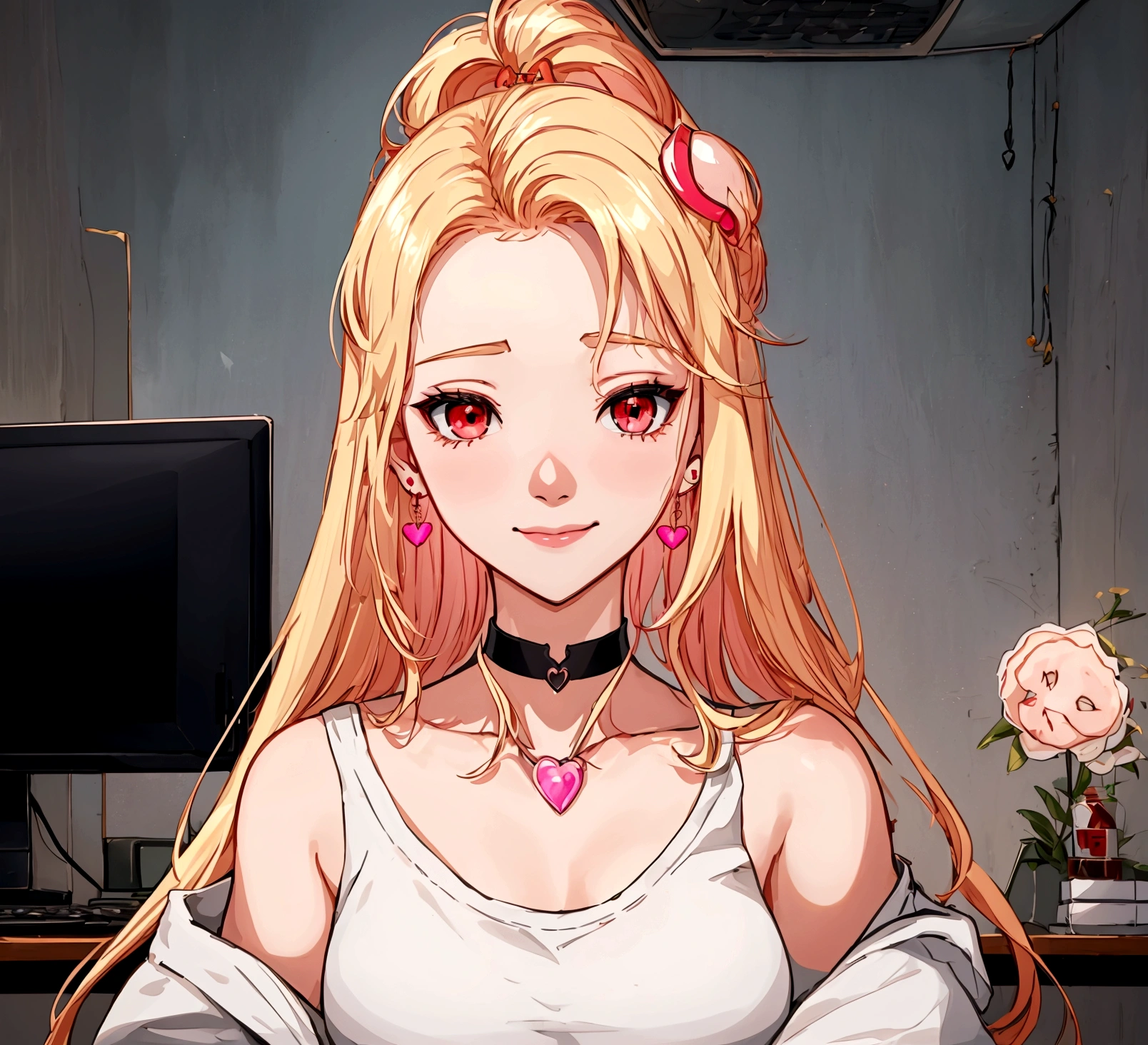 ((최고의 품질)), ((걸작)), (상세한), 여자 1명, Create an anime-style digital artwork of a character with long, straight, sleek blonde hair and bright red eyes. The character is wearing a white cardigan over a black tank top and dolphin shorts. She is accessorized with a pink heart pendant choker and long, decorative earrings. Her hair features a red heart hairpin on the side. The character is sitting in her room in front of a desktop computer, smiling warmly. The background should show a cozy room with soft lighting, with elements like a computer desk, monitor, and some personal items scattered around. The overall mood should be relaxed and inviting, capturing the essence of a casual day indoors.shiny forehead,slicked-back hair, forehead
