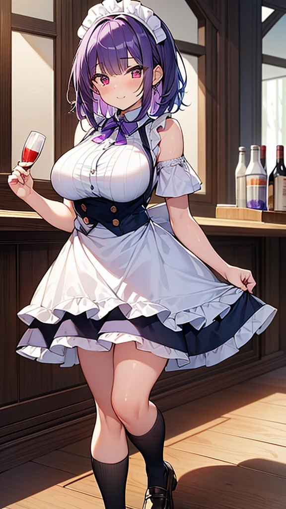 最high quality, high quality, Super detailed, 32k, Ultra-detailed details, waitress(only, Standing, pretty girl, beautiful purple hair, short hair, Beautiful RED eyes, mature, Big Breasts, A light smile, Off-the-shoulder sleeveless Summer メイド服, Summer casual maid clothes, Short skirt, Blue and white color striped underwear, Black knee socks, loafers, My crotch is wet with love juice, 18-year-old,cute), {{A succubus disguised as a waitress approached the target man&#39;s sister, peeled off the skin of the sister&#39;s face, and stuck it on her own face, becoming the waitress succubus&#39;s face., The hem of her skirt is lifted high, exposing her underwear}}, She has transformed from a shy maid into a lewd one., A maid with her sister&#39;s face stuck on her face is vigorously pistoning her body, A maid who moves her body vigorously without caring if her breasts bounce, Super detailed, indoor, Full body image, ((Head to Toe:1.3)), NSFW