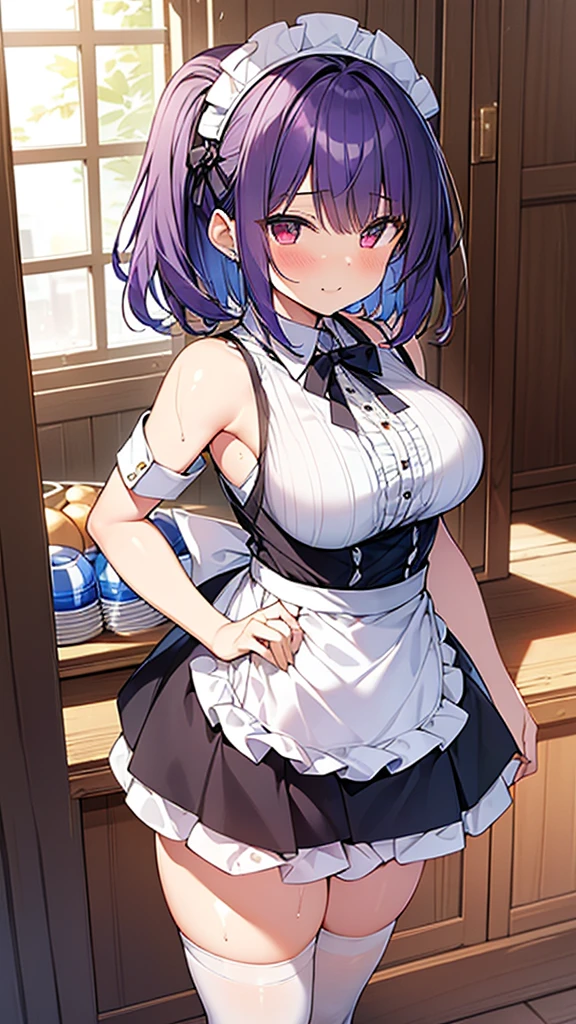 最high quality, high quality, Super detailed, 32k, Ultra-detailed details, waitress(only, Standing, pretty girl, beautiful purple hair, short hair, Beautiful RED eyes, mature, Big Breasts, A light smile, Off-the-shoulder sleeveless Summer メイド服, Summer casual maid clothes, Short skirt, Blue and white color striped underwear, Black knee socks, loafers, My crotch is wet with love juice, 18-year-old,cute), {{A succubus disguised as a waitress approached the target man&#39;s sister, peeled off the skin of the sister&#39;s face, and stuck it on her own face, becoming the waitress succubus&#39;s face., The hem of her skirt is lifted high, exposing her underwear}}, She has transformed from a shy maid into a lewd one., A maid with her sister&#39;s face stuck on her face is vigorously pistoning her body, A maid who moves her body vigorously without caring if her breasts bounce, Super detailed, indoor, Full body image, ((Head to Toe:1.3)), NSFW