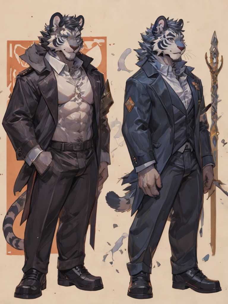 {{bara extremely handsome white tiger,}} {{white fur,}} white, wearing elegant ornate suit jacket, trousers, white dress shirt and necktie, white fluffy furry body and limbs, loafers, very tall, very broad shoulders, narrow waist, muscular arms, massive pecs, purple eyes, very long legs, massive bulge, sophisticated hot look, full body, 3/4 view, best quality, high quality, silver earring on left ear, sultry smirk, multiple views, character sheet