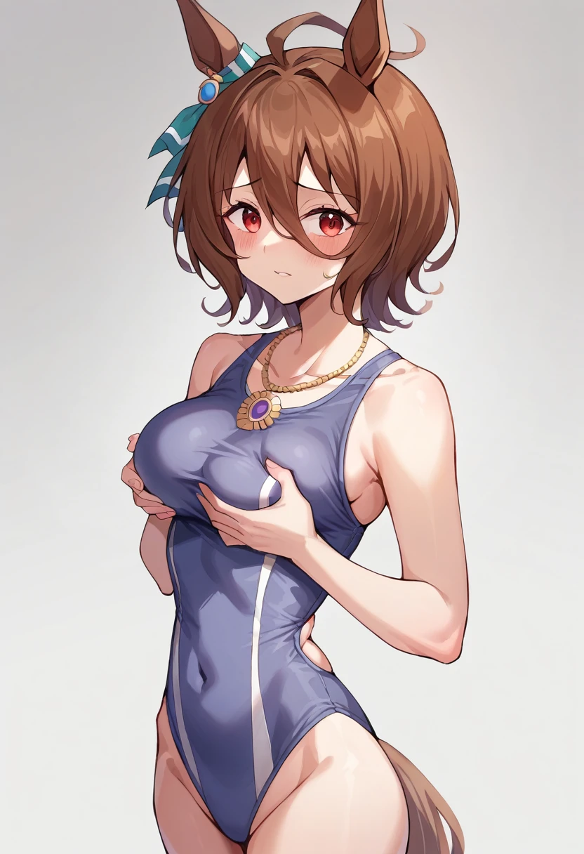 masterpiece, best quality, agens tachyon \(umamusume\), solo, cowboy shot, horse girl, horse tail, brown hair, red eyes, gray banded ribby one piece swimsuit with side cutout, 1girl, solo, jewelry, necklace, one-piece swimsuit, swimsuit, Swimsuit with wide open chest, head out of frame, brown hair, Wide pelvis, scrawny:1.7, Big breasts, Large breasts, Erect nipples, Vagina line, Cameltoe, swimsuit, beautiful face, Full body standing, (Semen overflowing from the cleavage), (((A large amount of semen attached to the whole body))), ((Grabbing with breasts hands)), Get blush, Creavagex