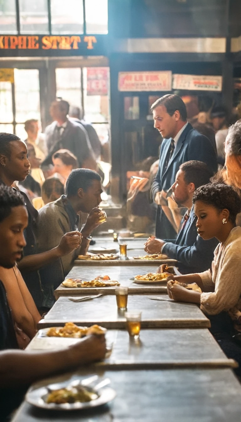 Sit-in protest at a segregated lunch counter, background dark gold sun, hyper realistic, ultra detailed hyper realistic, photorealistic, Studio Lighting, reflections, dynamic pose, Cinematic, Color Grading, Photography, Shot on 50mm lens, Ultra-Wide Angle, Depth of Field, hyper-detailed, beautifully color, 8k