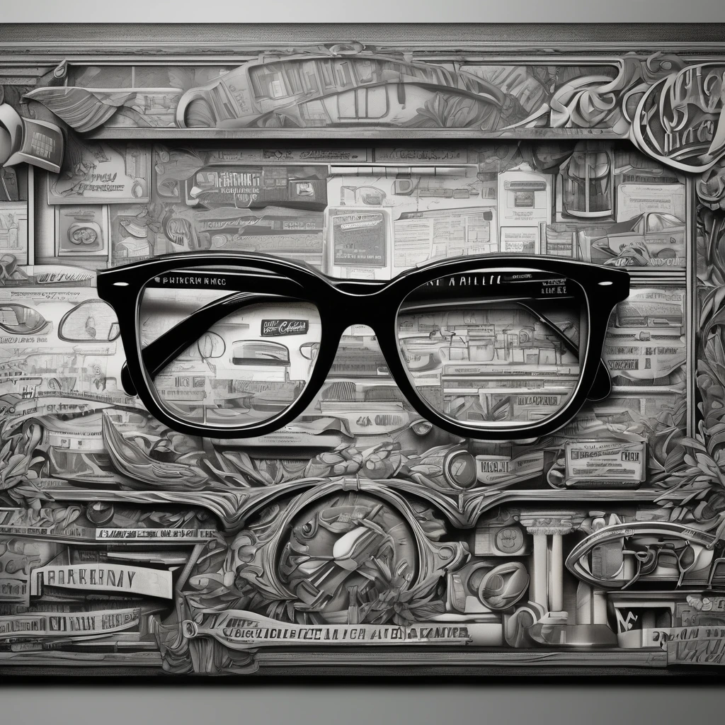 (detailed drawing) Advertising signs, eyeglass frames, gray tones, graphics, design work, logos