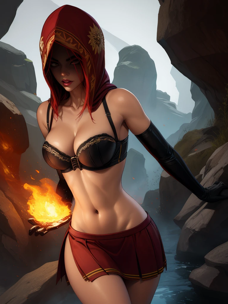 Dsorceress, redhair, shadowy face,dark cave, fire, hood, shadowed face, strapless bra, slim and athletic body, miniskirt, no panty, elbow gloves, dark skin, 1 girl (insanely detailed, masterpiece, best quality)