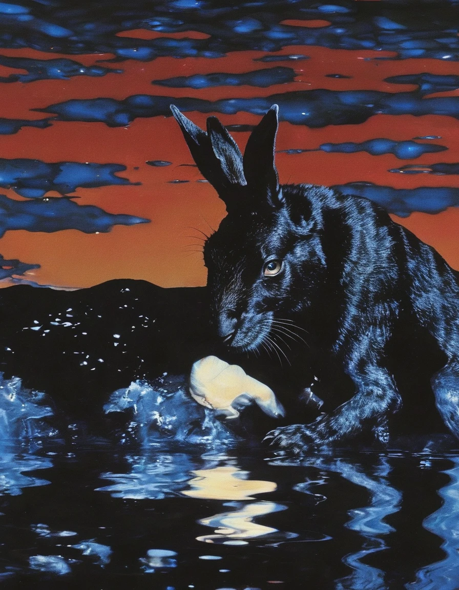 rabbit in water, sunset background