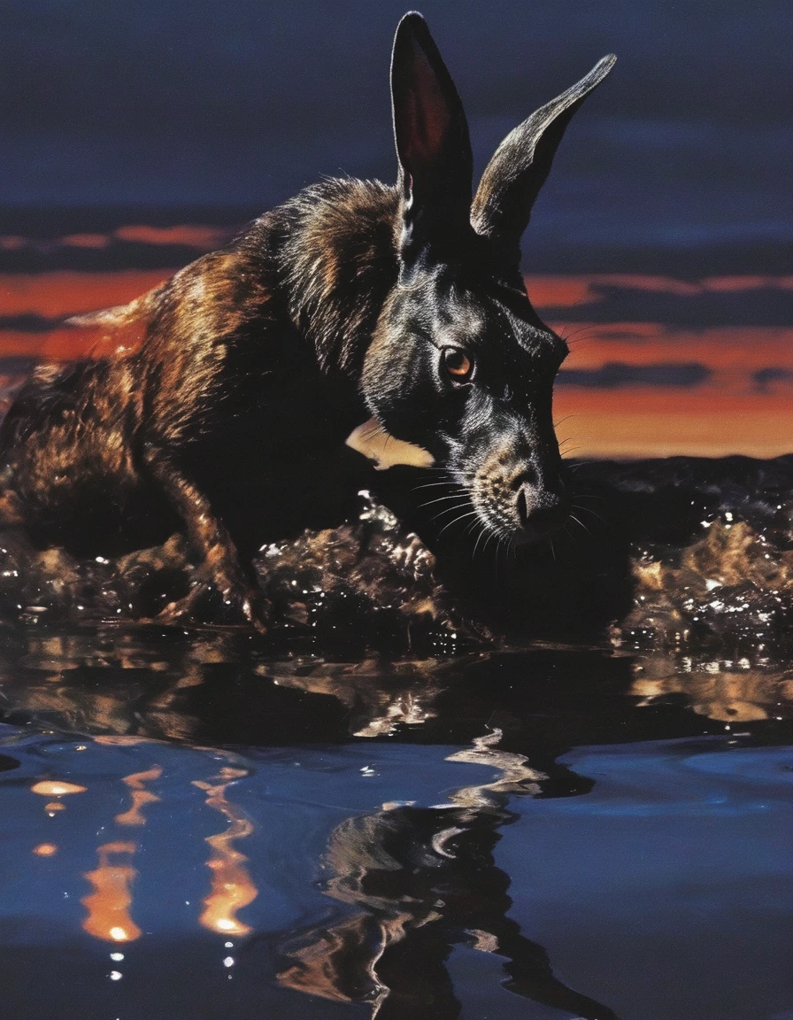 rabbit in water, sunset background