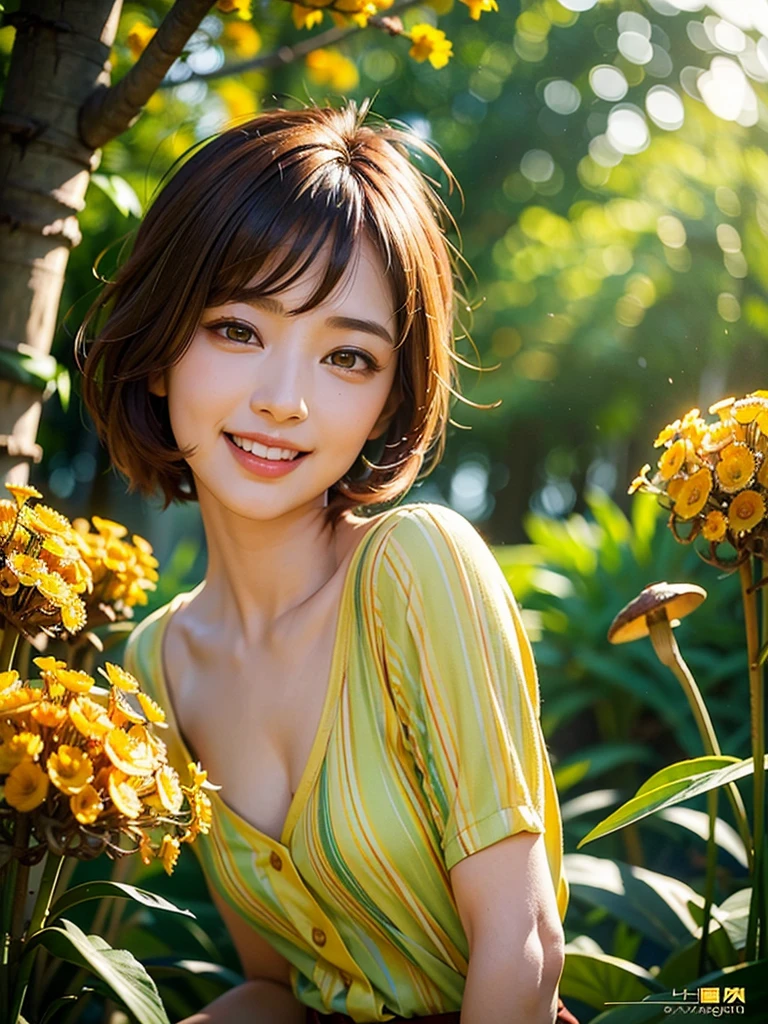 A beautiful girl with striking red glowing eyes, wearing a yellow-green striped shirt, short brown mushroom-style hair, tilting her head with a bright smile on her face, standing among golden flowers with lines of light above her head, detailed face, photorealistic, 8k, masterpiece, vibrant colors, cinematic lighting, fantasy, magical realism