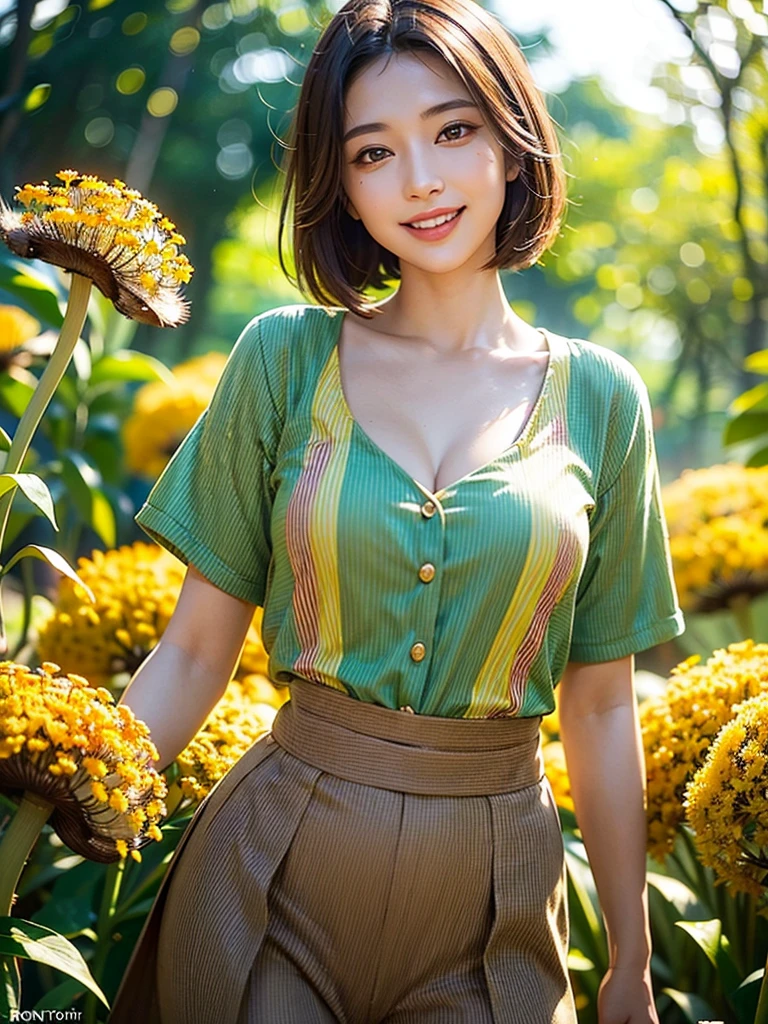 A beautiful girl with striking red glowing eyes, wearing a yellow-green striped shirt, short brown mushroom-style hair, tilting her head with a bright smile on her face, standing among golden flowers with lines of light above her head, detailed face, photorealistic, 8k, masterpiece, vibrant colors, cinematic lighting, fantasy, magical realism