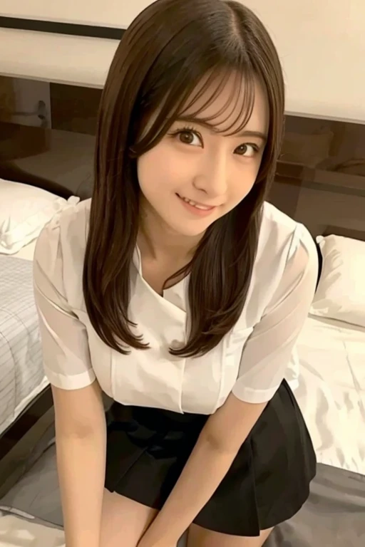 Gravure idol pose　Hotel　bed　high resolution　Not too small bust　Skirts should be shortened　Beautiful legs　Height: 157cm