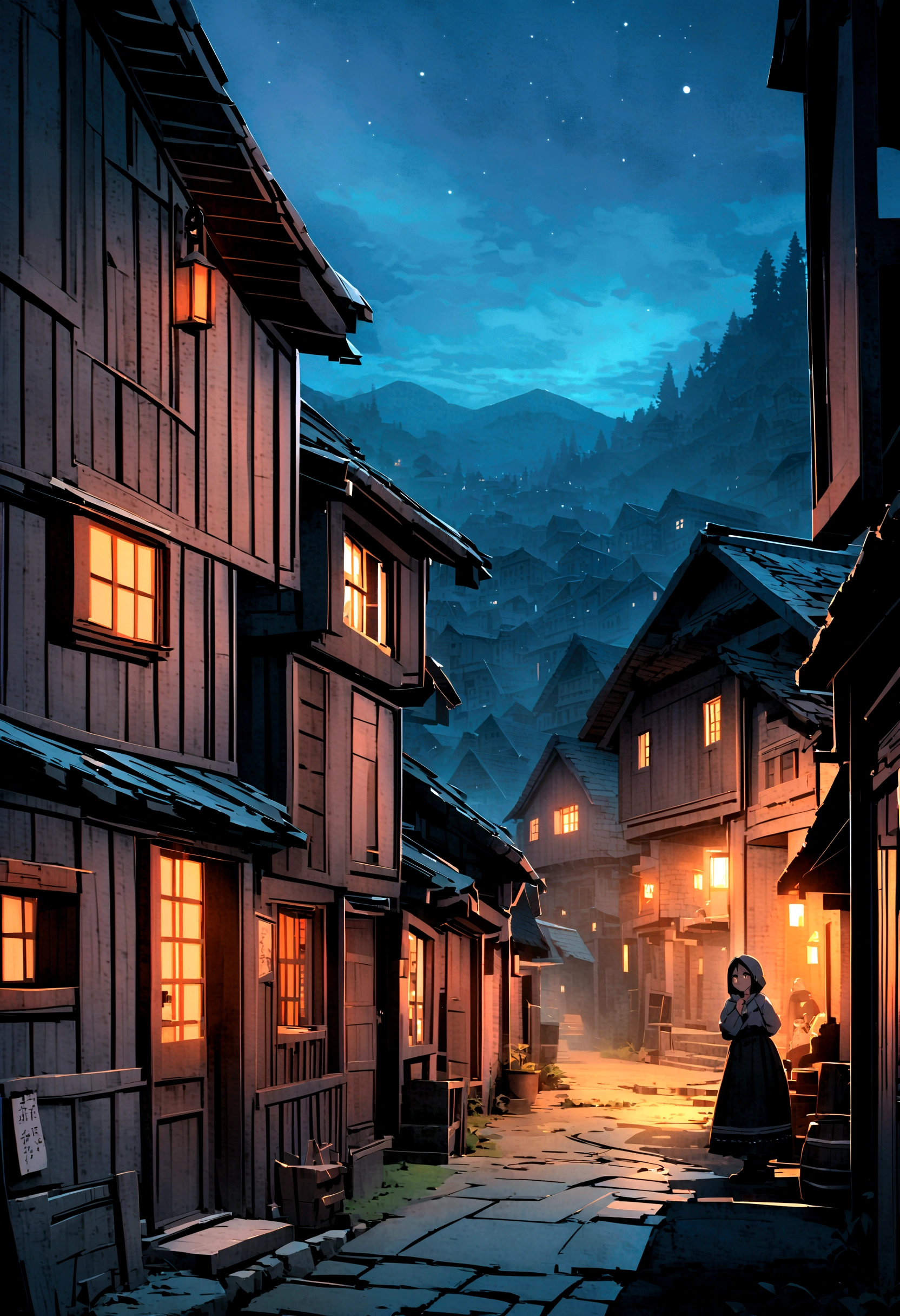 Poor street of a mountain village, Villagers, an old house, Very detailed, night, frowning, scary, overlooking