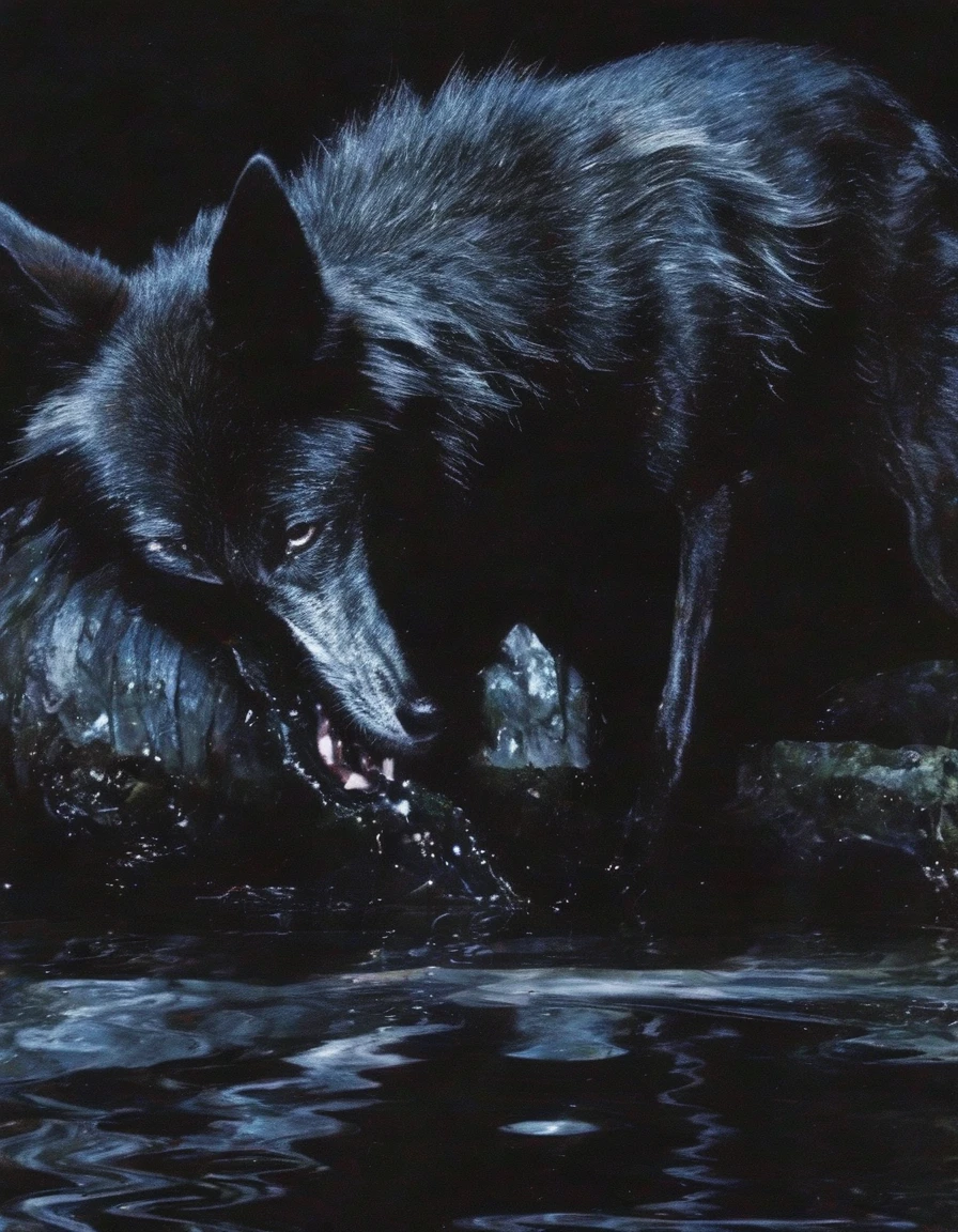 black wolf in water, night forest background