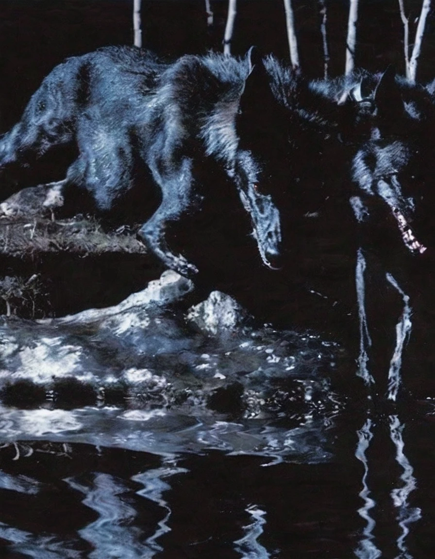 black wolf in water, night forest background