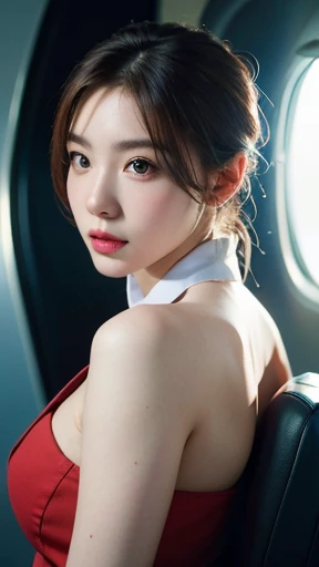 Highest quality,(RAW Photos:1.2),(masterpiece:1.4),(Realistic:1.4),(High resolution:1.4), One girl, Depth of written boundary, flight attendant, Exquisitely crafted,8K, Very detailed, Perfect lighting, Spectacular Background