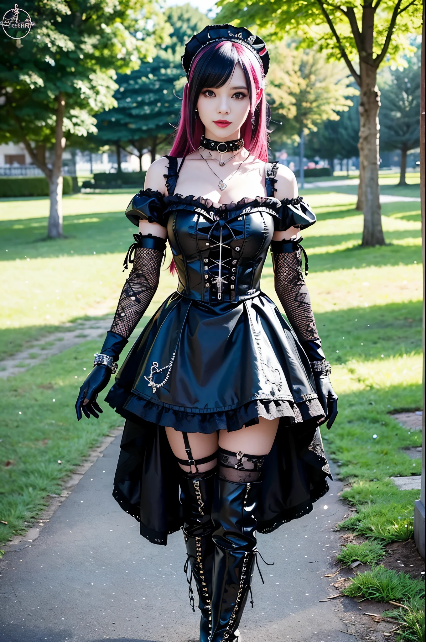 sexy stylish female model, only 1 female, ((doll-like appearance)), long stylish hair, ((shiny Punk-Style boots)), (happy smile), ultra detailed eyes, long lashes, metallic makeup, lip-gloss, ((sexy Punk Lolita cosplay)), unconventional skirt, petticoats, high neckline, ((ultra detailed lace)), ((ultra detailed embroidery)), intricate details, tartan patterns, safety pins, Punk Lolita accessoires, short black gloves, Punk Lolita choker, ((large sparkling Punk Lolita jewelry)), cinematic light, detailed sunny large park background with trees