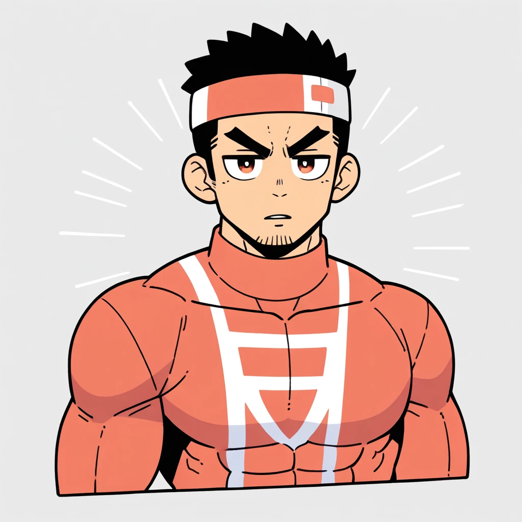 anime characters：Gyee, Muscle Sports Student, Manliness, sports headband, male focus, Cute boy with big eyes, Brown high collar long sleeve tight T-shirt, Slightly transparent material, Very tight, Round, full and perky chest muscles, Slightly transparent, muscular male, muscular, only, Upper body, alone, Black short hair, Thick eyebrows, stubble, Cute little eyes, Brown-red pupils, Grey background, simple background, amazing quality, best aesthetics, Ridiculous, crew cut, parted lips, v-shaped eyebrows, jitome, drop shadow, best quality