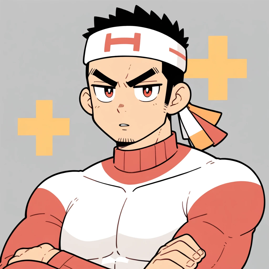anime characters:Gyee, Muscle Sports Student, Manliness, sports headband, male focus, Cute boy with big eyes, Brown high collar long sleeve tight T-shirt, Slightly transparent material, Very tight, Round, full and perky chest muscles, Slightly transparent, muscular male, muscular, only, Upper body, alone, Black short hair, Thick eyebrows, stubble, Cute little eyes, Brown-red pupils, Grey background, simple background, amazing quality, best aesthetics, Ridiculous, crew cut, parted lips, v-shaped eyebrows, jitome, drop shadow, best quality