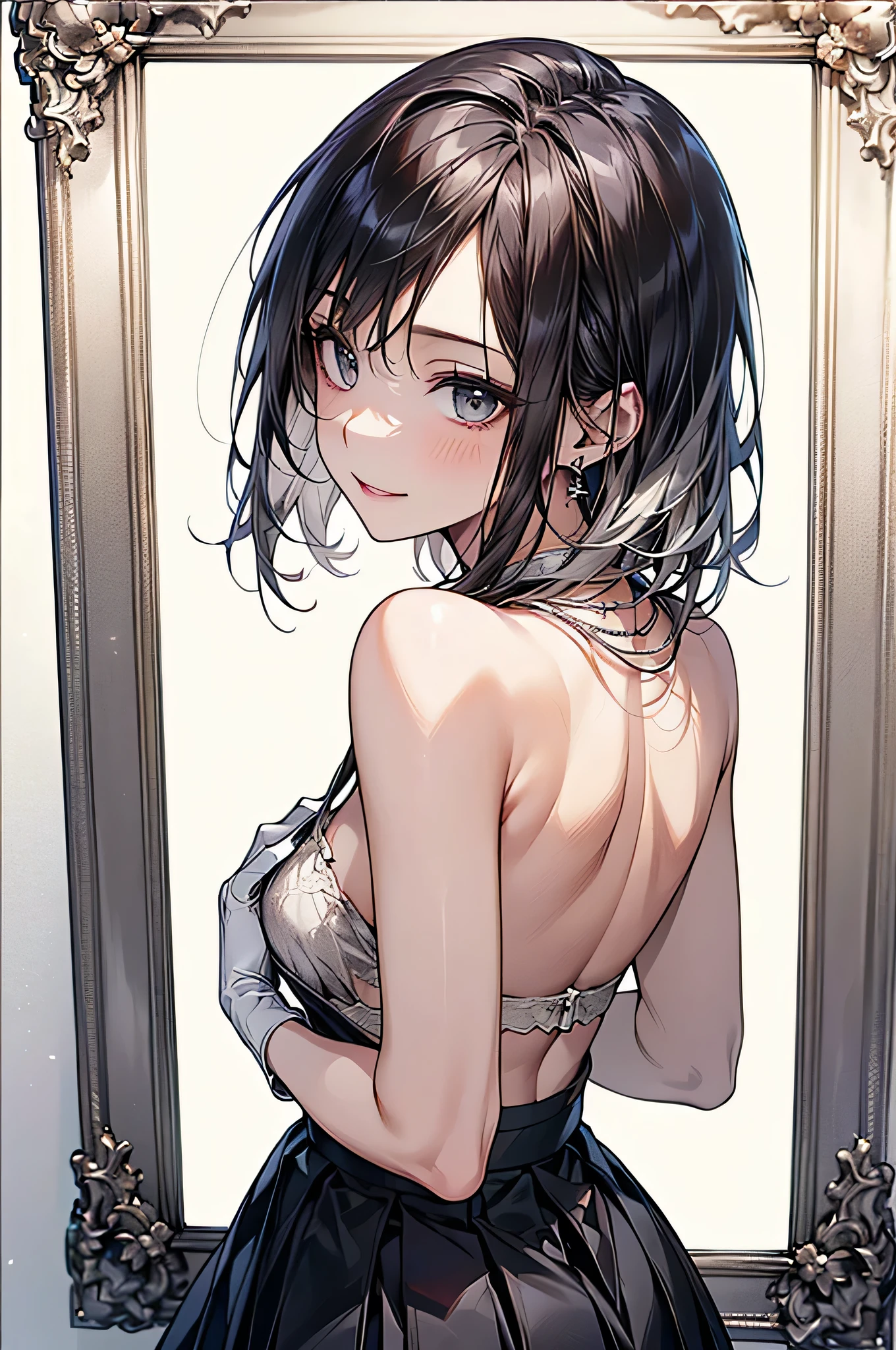 ((Biologically correct limb count))、(( Full-body photo including face))、4K、((Standing position))、masterpiece、((Focus on the face))、((Symmetrical facial features))、Eye for detailed depiction、Beautiful blue-haired woman、Excellent style、Beautiful clavicle、Beautiful feet、Beautiful Hands、Slender body、(stockings、garter belt、High heels)、Facial detailing、Small earrings、necklace、(No sleeve、Pleated skirt)、Lighting High Heels、tie、sunny、(((Photo frame with white border)))、Seductive posture、((She is sitting with her thrust back and her upper body arched, looking up.))、Looking at the night view、(Low - Angle、A camera angle that captures the inside of a skirt from below)、Silk gloves、(((Black Hair、Silver Hair)))、(((Moments of ecstasy)oking back))、Close-up photo of the upper body、seductive smile