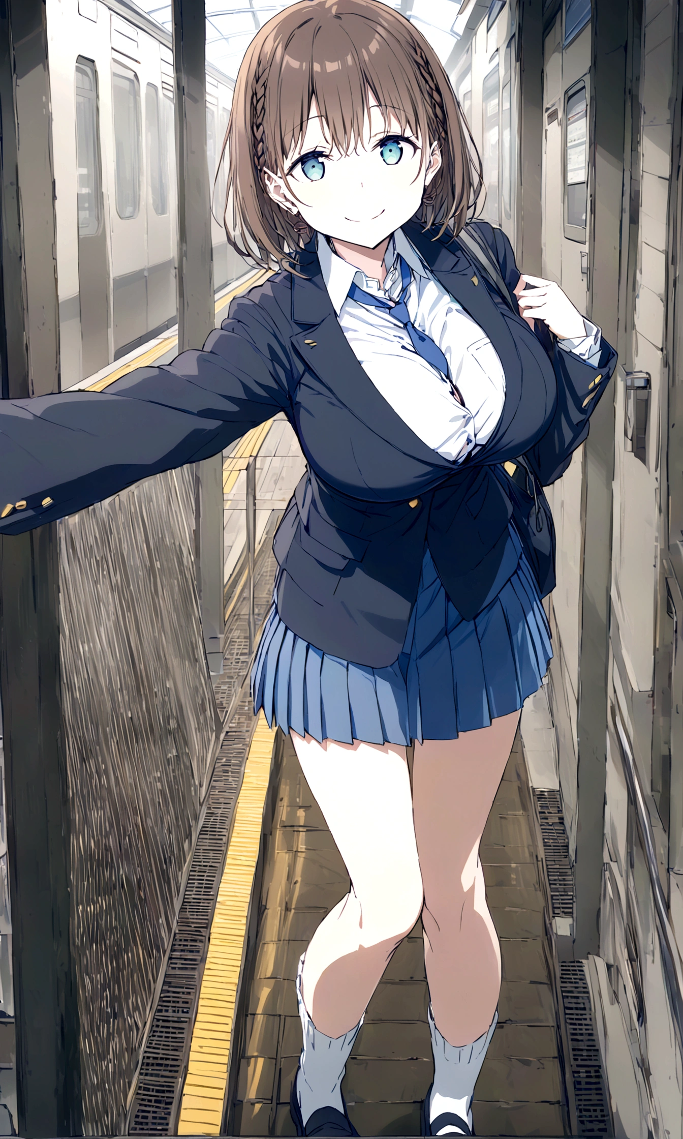 Tawawa on Monday,Ai-chan,Big Breasts,cleavage cutout,high school girl,source_アニメ, BREAK 1girl, 独奏,whole body,brown hair, cyan eyes, braid, white shirt, collared shirt, blue necktie, pleated skirt, blue skirt, large breasts, looking at you,big smile,happy ,closed eyes, station,hentai,finely detailed beautiful face,high quality,アニメ,beautiful,High resolution,アニメ color,{{{{8K_wallpaper}}}},{{{masterpiece}}},{{{{extremely detailed eyes}}}},{{{{extremely detailed body}}}},{{{{extremely detailed finger}}}}