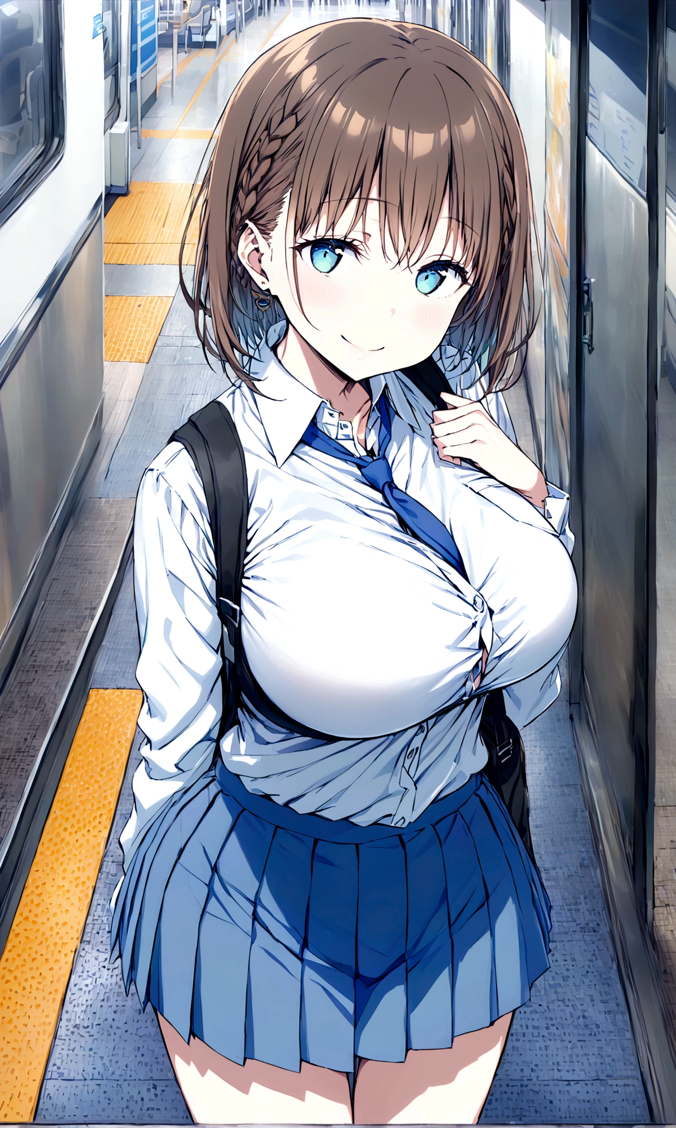 Tawawa on Monday,Ai-chan,Big Breasts,cleavage cutout,high school girl,source_アニメ, BREAK 1girl, 独奏,whole body,brown hair, cyan eyes, braid, white shirt, collared shirt, blue necktie, pleated skirt, blue skirt, large breasts, looking at you,big smile,happy ,closed eyes, station,hentai,finely detailed beautiful face,high quality,アニメ,beautiful,High resolution,アニメ color,{{{{8K_wallpaper}}}},{{{masterpiece}}},{{{{extremely detailed eyes}}}},{{{{extremely detailed body}}}},{{{{extremely detailed finger}}}}