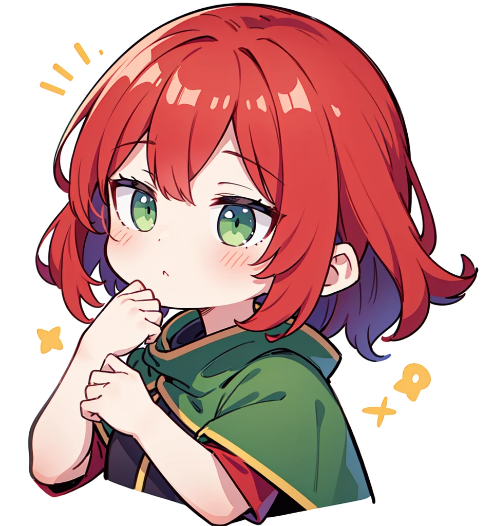 超A high resolution,(best quality,highres,masterpiece:1.2),1girl, red hair, blue cloak, green clothe, green eyes, warm color tones, Chibi, simple background, emoji, surprised, exclamation