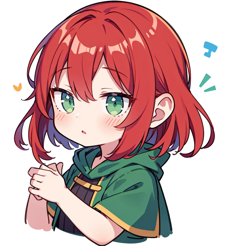 超A high resolution,(best quality,highres,masterpiece:1.2),1girl, red hair, blue cloak, green clothe, green eyes, warm color tones, Chibi, simple background, emoji, surprised, exclamation