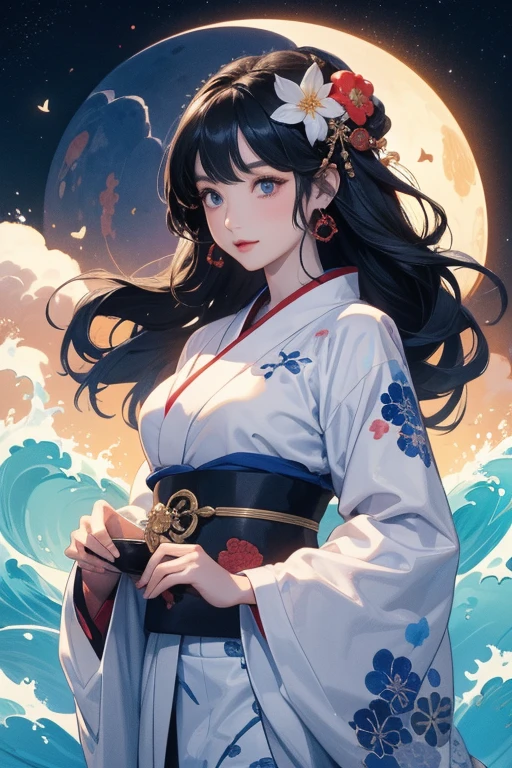 (Highest quality、masterpiece、High resolution、8K)、Ukiyo-e、Vibrant colors、Katsushika Hokusai、1 female、Long Black Hair、The kimono has a vivid floral pattern on a white background.、White waves and Mt. Fuji、Reddish Fuji、White waves, the moon and a woman、White waves, a boat and a woman、White waves, a woman and a seagull、Official Art、背景はUkiyo-e風