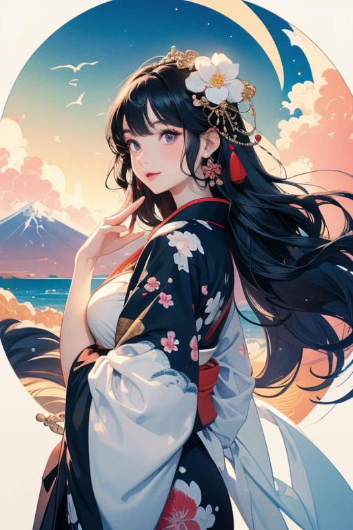 A majestic and elegant panorama of Mt. Fuji.、Sakuhime Konohana smiles kindly、(The princess's breasts are huge:1.5)、Hair that flutters in the wind、The best illustrations、