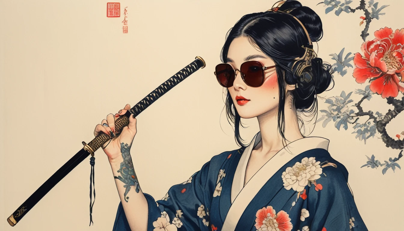 Ink Painting, (((1 girl))), (((Tattoo on face))), (((sunglasses))), Japanese style headphones, Japanese sword, beautiful girl, Black Hair, Delicate and precise, Modern ukiyo-e style, Maid