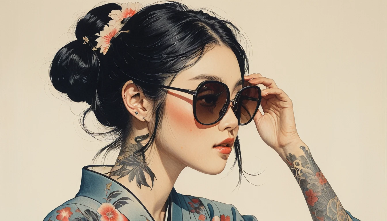 Ink Painting, (((1 girl))), (((Tattoo on face))), (((sunglasses))), Japanese style headphones, Japanese sword, beautiful girl, Black Hair, Delicate and precise, Modern ukiyo-e style, Maid