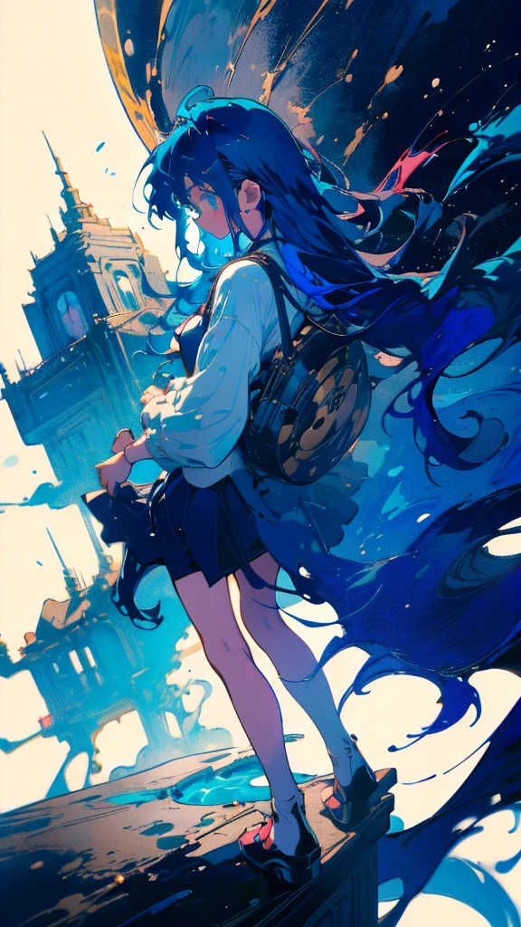 Blue-haired long hair，Design clothing，Seven-doppelganger shot，Anime style 4K，Anime girl with teal hair，High quality anime art style，Standing painting，Splash ink background，Blue Themes、Pure white background,Buildings,Face close-up,Buildings,Moon and sun、Long legs